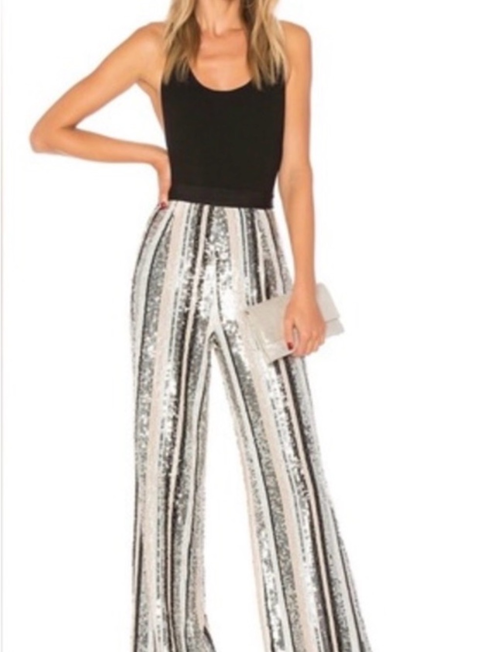 NBD Black Tank Jumpsuit with Silver Sequin Striped Wide Legs